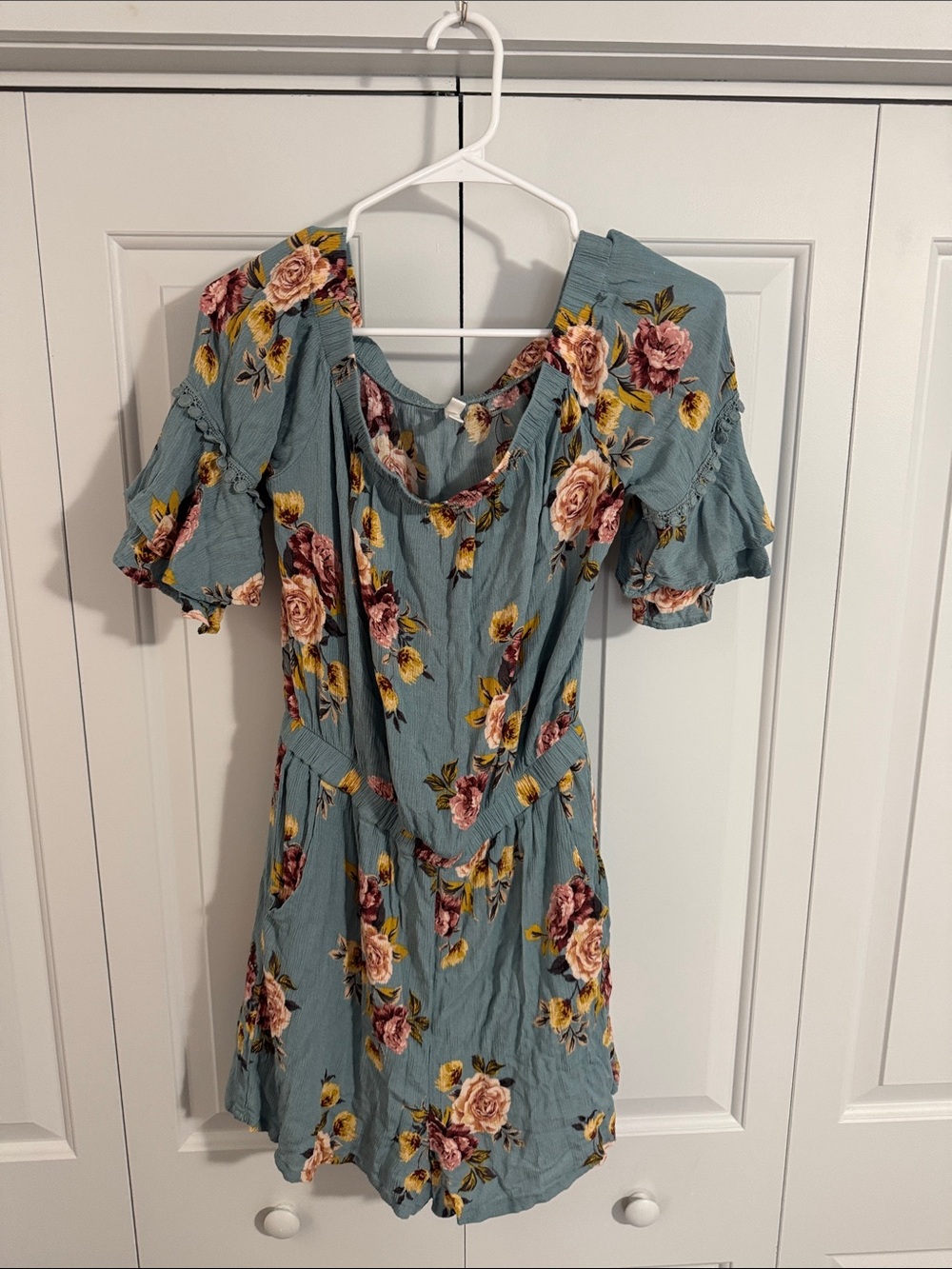 Xhilaration Dusty Blue Floral Off-Shoulder Romper